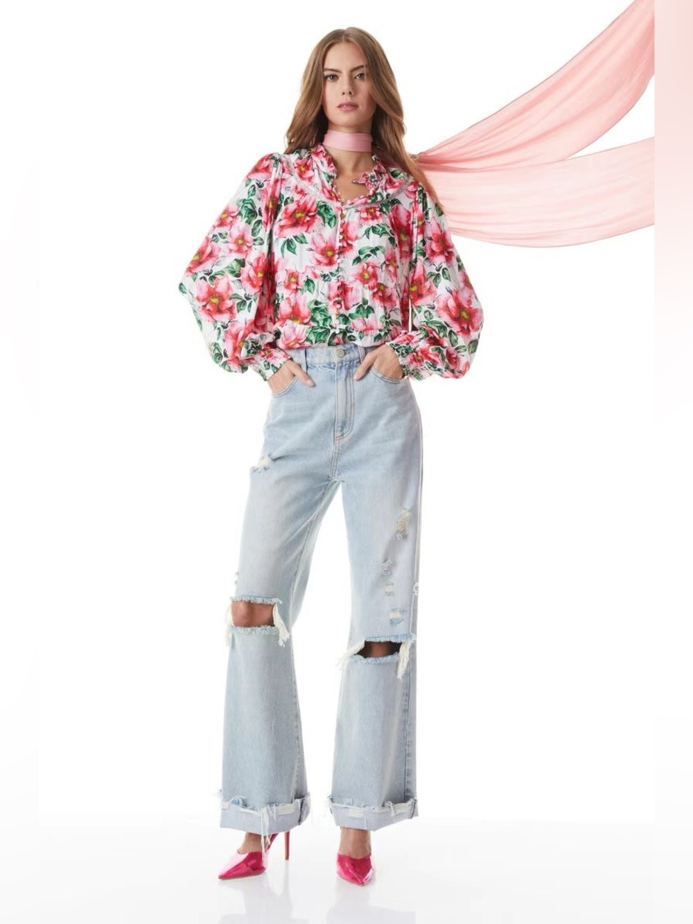 NWT Alice Olivia Jaclyn Lace-trimmed Ruffled Floral-print Satin Blouse In Pink